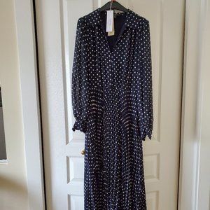Evernew navy blue pokadot dress; long sleeves; lots of detail;size 4